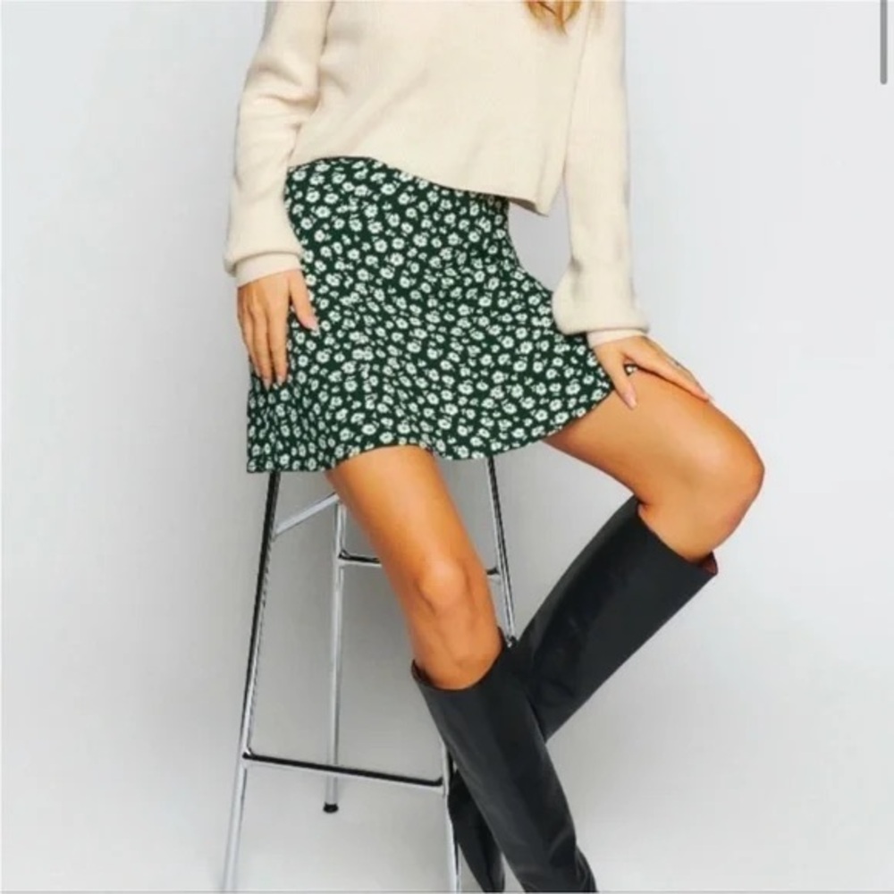 Reformation Flounce Floral Green Skirt